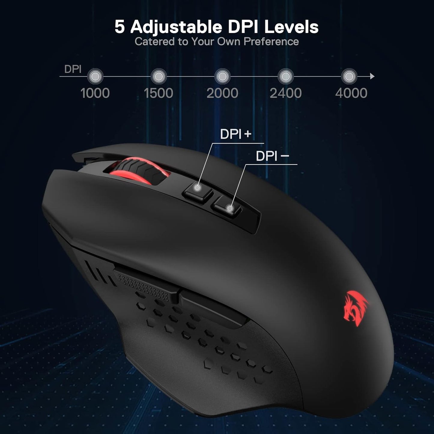 Redragon M656 Gainer Inalambrico 4000 DPI Negro Luces Roja