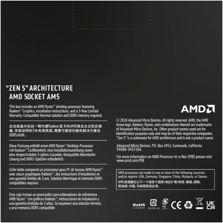 AMD Ryzen™ 5 9600X 6-Core 3.9 GHz (MAX Turbo 5.4 GHz), 12-Thread Socket AM5