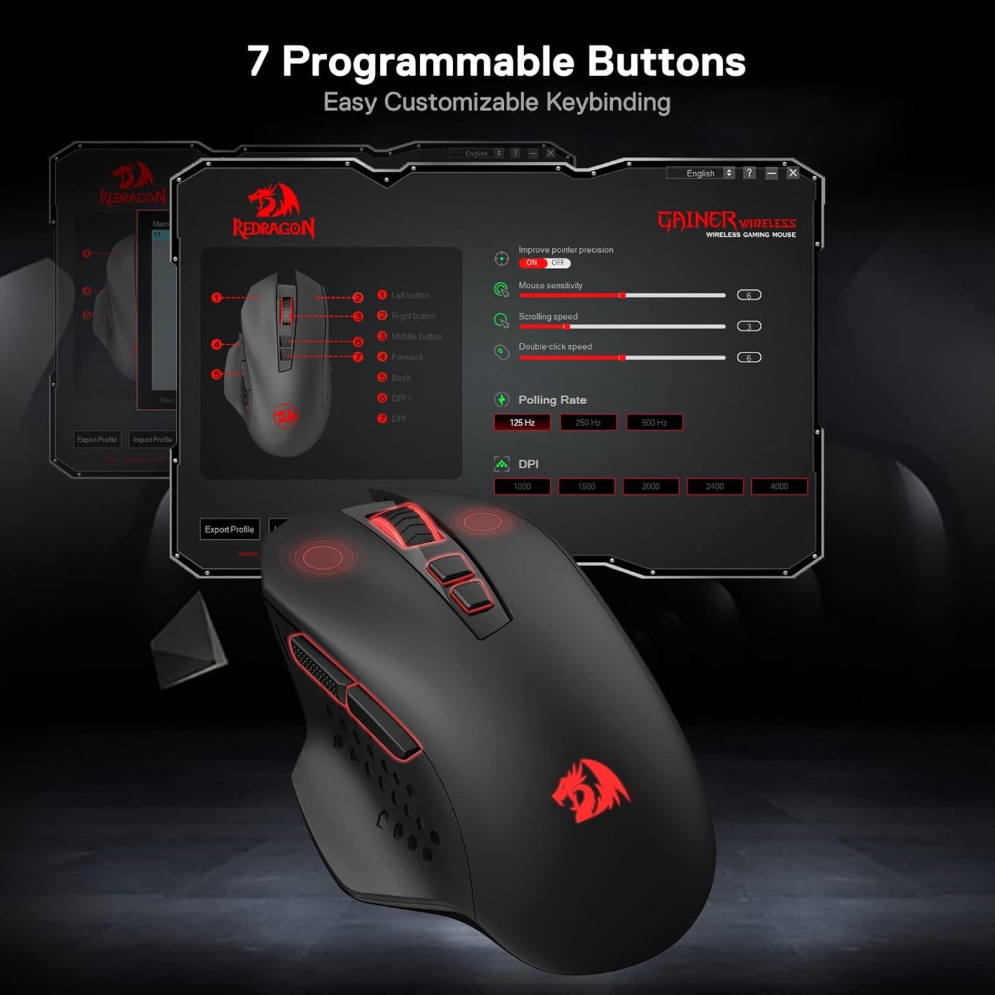 Redragon M656 Gainer Inalambrico 4000 DPI Negro Luces Roja