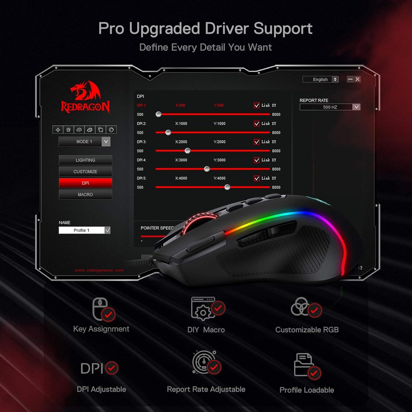 Redragon M612 Predator RGB 8000 DPI Alambrico Negro
