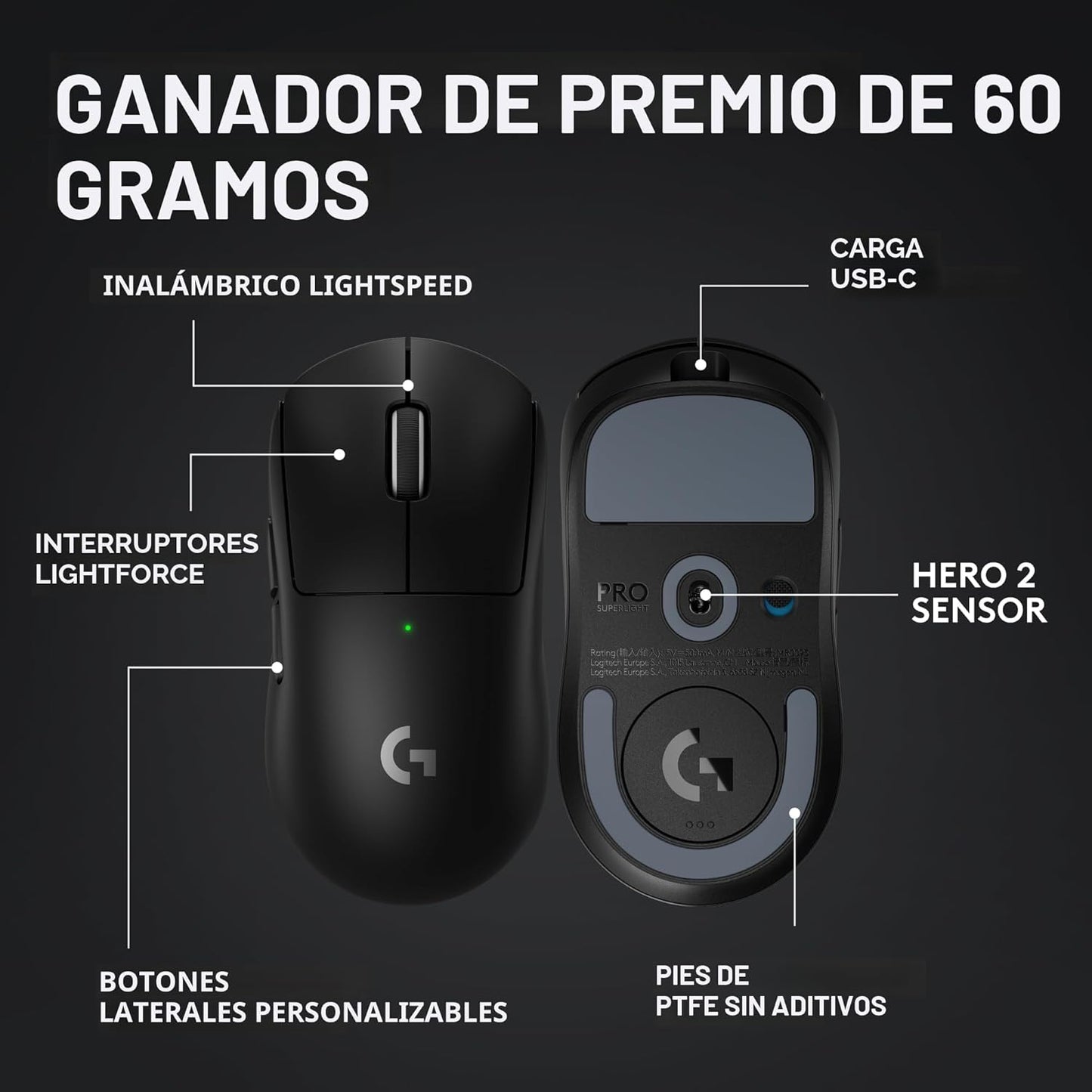 Logitech G PRO X SUPERLIGHT 2 Lightspeed Inalambrico Mouse 44K DPI 60g 8kHz