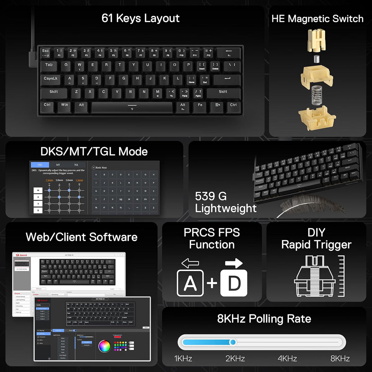 Redragon K617 HE RGB USB-Cable Teclado Mecanico 60%