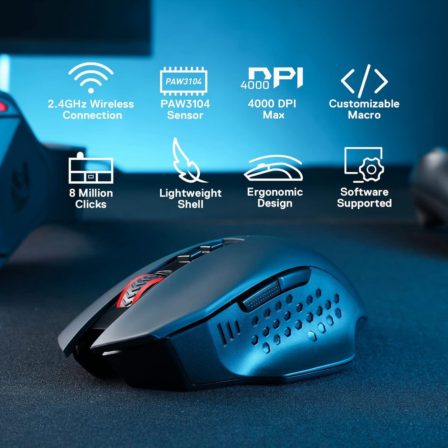 Redragon M656 Gainer Inalambrico 4000 DPI Negro Luces Roja